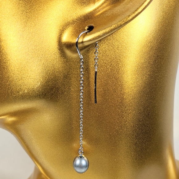 Pearl on sterling chain pull through pierced dangle earrings - Picture 1 of 6